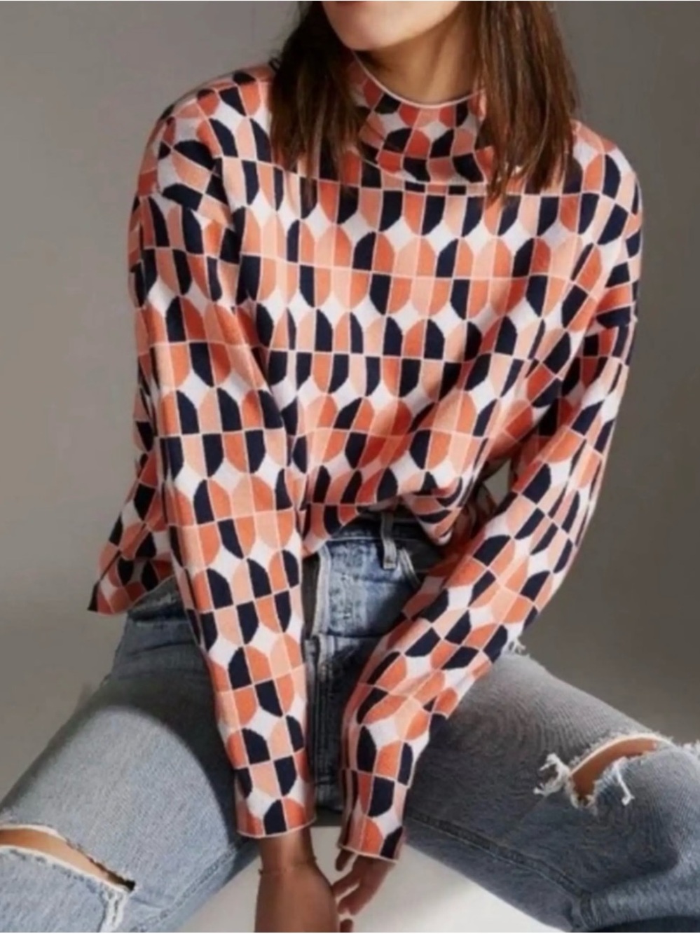 Maeve Geometric Mock Neck Sweater in Coral, Navy & White